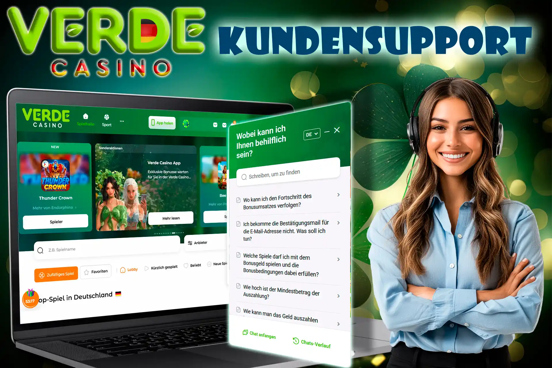 Sie können Verde Casino über verschiedene Kommunikationskanäle kontaktieren.